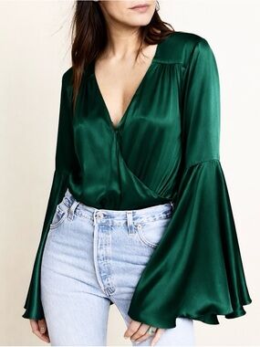 Caroline Constas Silk Witchycore Emerald Green BellSleeve Bodysuit Top Size S
